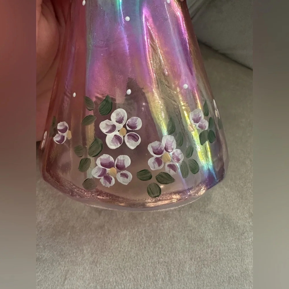Fenton Art Glass Pink Iridescent Angel Figure Hand Painted Floral Signed 6.5